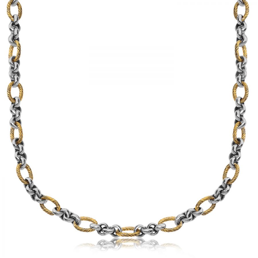 18K Yellow Gold and Sterling Silver Rolo and Oval Cable Inspired Chain Necklace