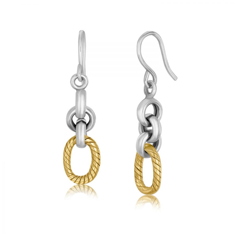 18K Yellow Gold and Sterling Silver Round Cable Style Link Dangling Earrings