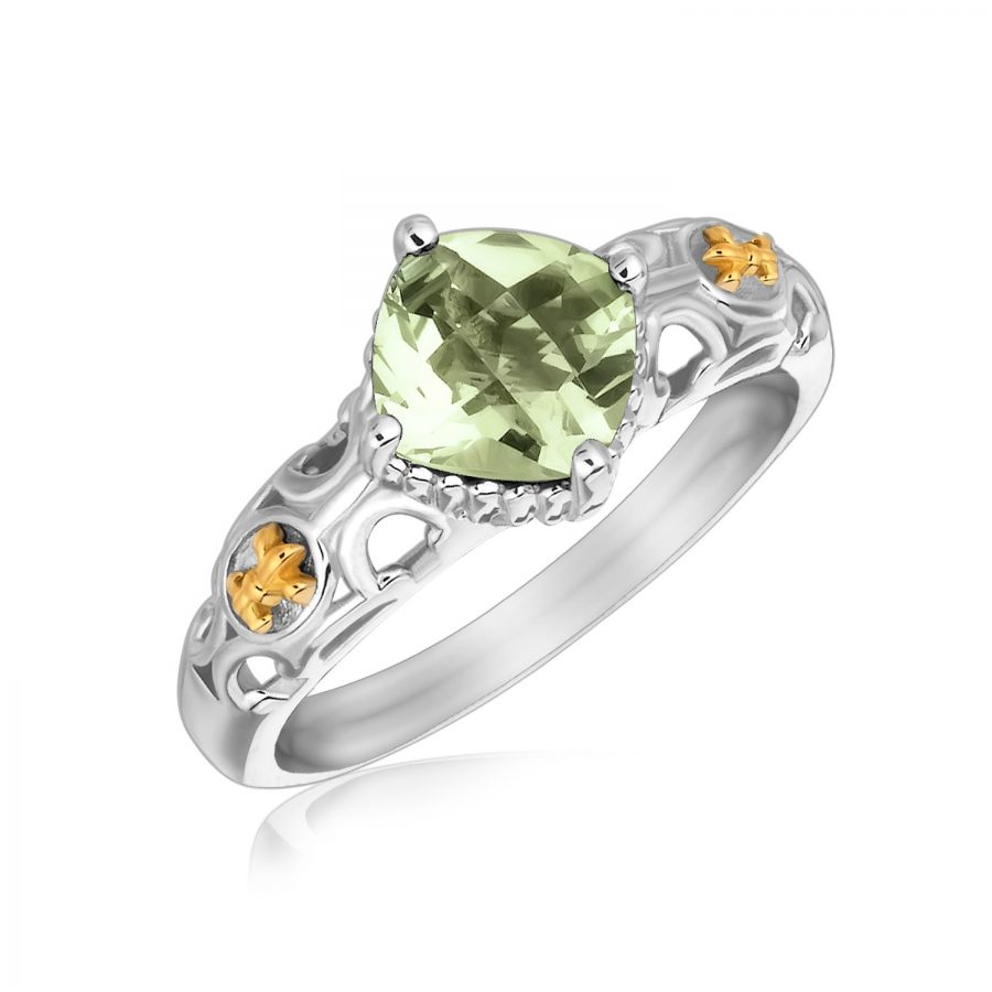 18K Yellow Gold and Sterling Silver Green Amethyst Fleur De Lis Designed Ring