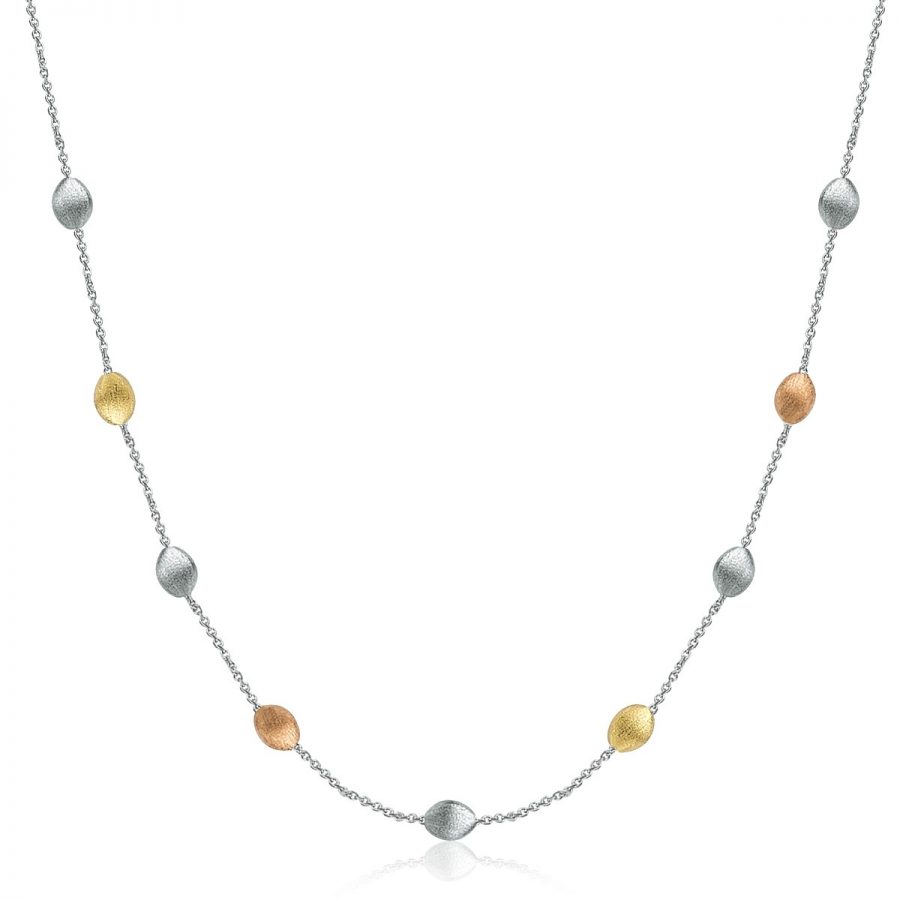 14K Yellow Gold and Sterling Silver Textured Pebbled Stationed Necklace