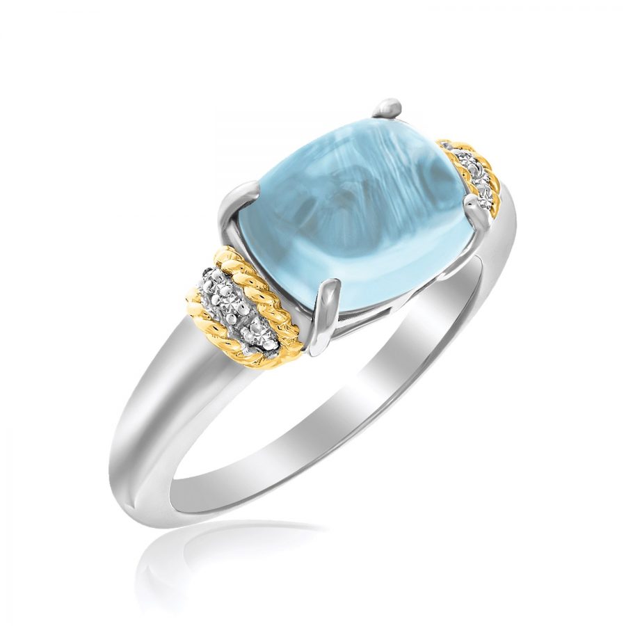 18K Yellow Gold & Sterling Silver Polished Blue Topaz and Diamond Ring