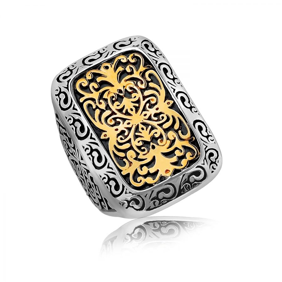 18K Yellow Gold and Sterling Silver Curved Rectangle Ring with Fancy Flourishes