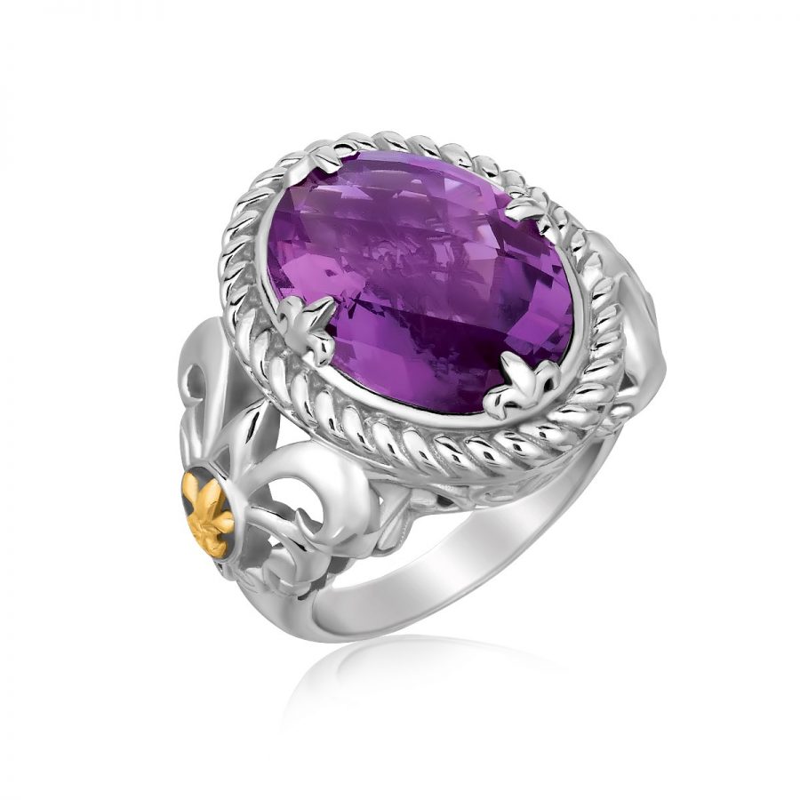18K Yellow Gold and Sterling Silver Oval Amethyst Fleur De Lis Style Ring