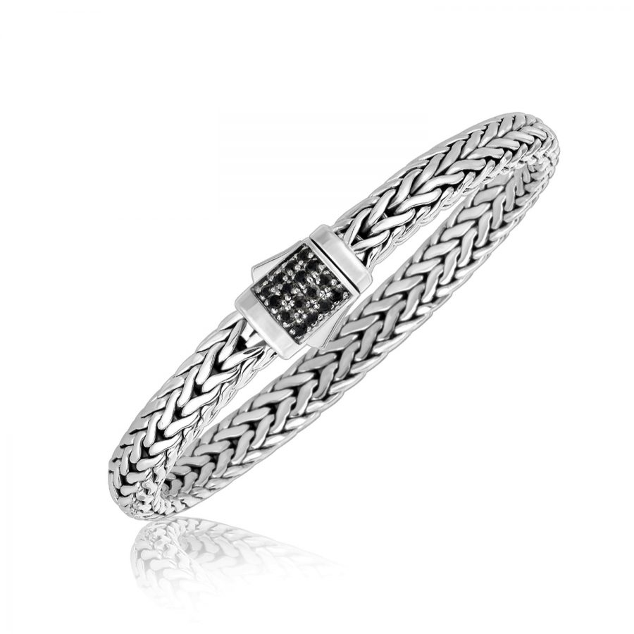 Sterling Silver Men's Braided Bracelet with Black Sapphire Stones