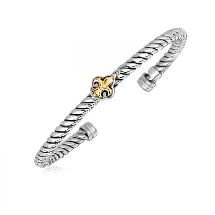18K Yellow Gold and Sterling Silver Bangle with a Fleur De Lis Station