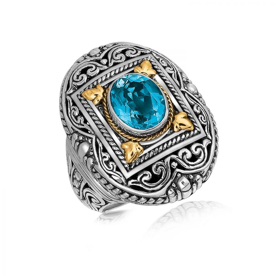 18K Yellow Gold and Sterling Silver Ring with a Framed Blue Topaz Accent