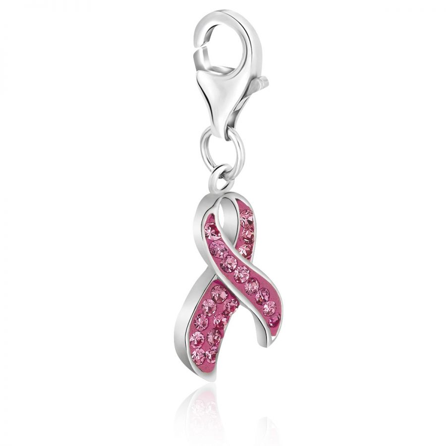 Sterling Silver Pink Tone Crystal Embellished Breast Cancer Ribbon Charm