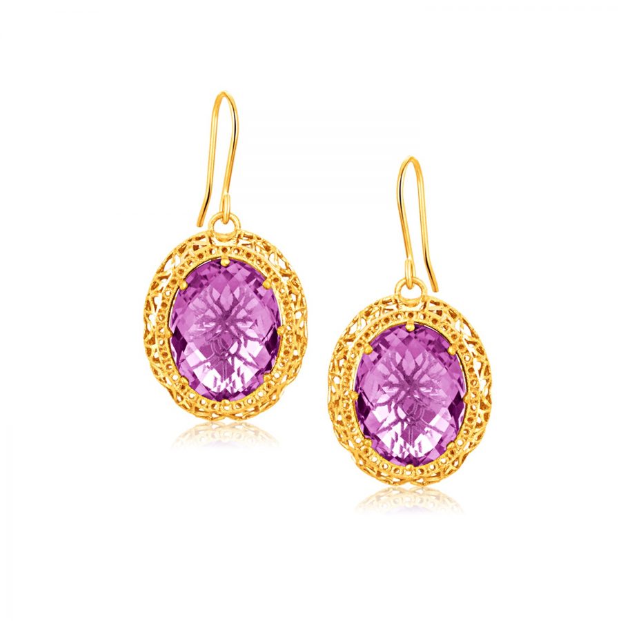 Italian Design 14K Yellow Gold Lace Earrings with Oval Amethyst