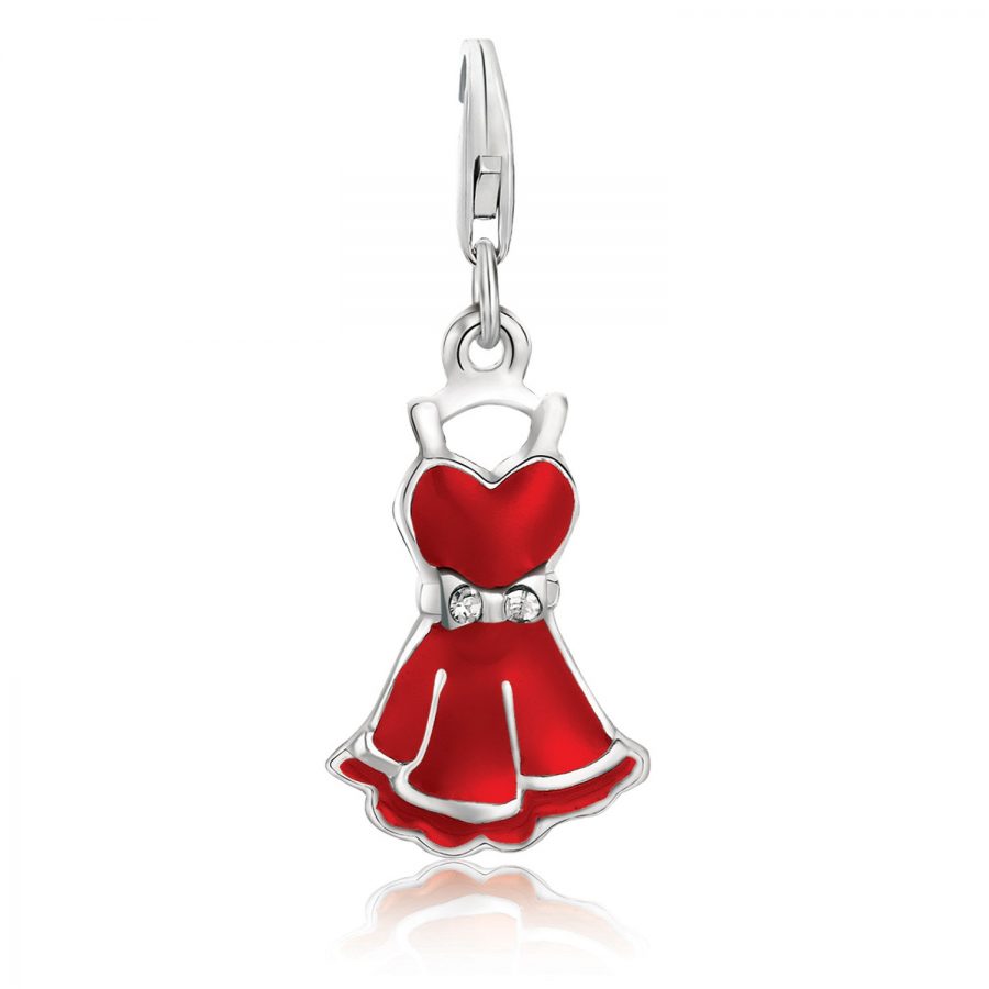 Sterling Silver Charm with Red Enamel Finish and Crystal Accented Bow Belt