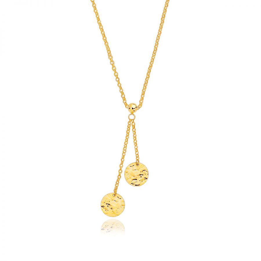 14K Yellow Gold Hammered Disc Lariat 17'' Necklace