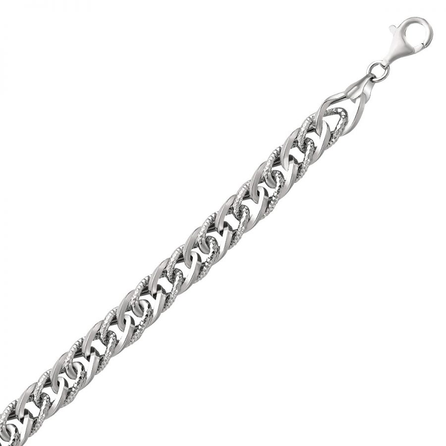 Sterling Silver Gourmette Style Rhodium Plated Chain Bracelet with Diamond Cuts