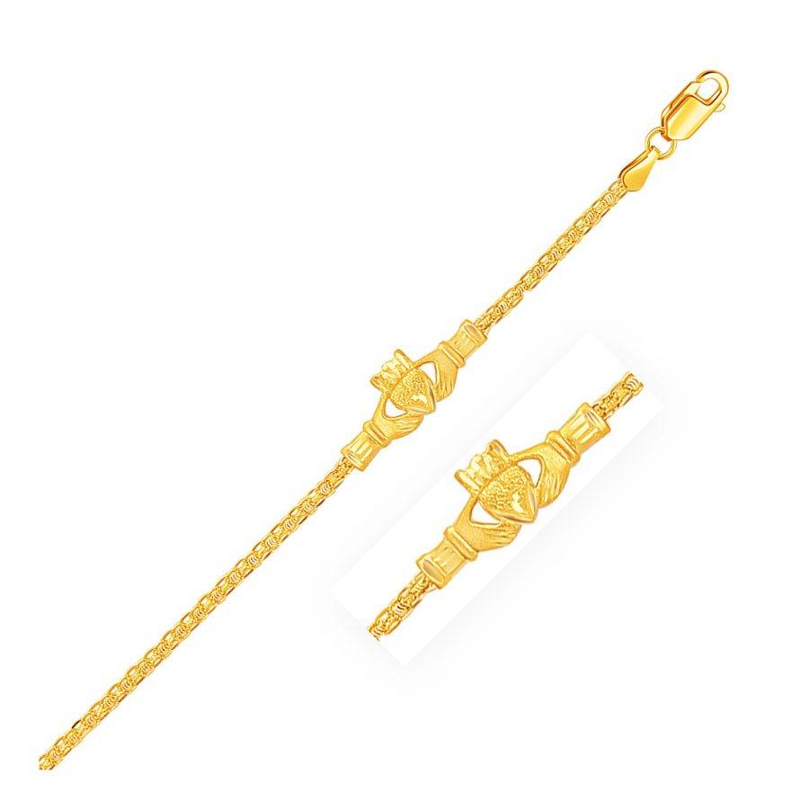 14K Yellow Gold Anklet with Fancy Interlaced Claddagh Motifs