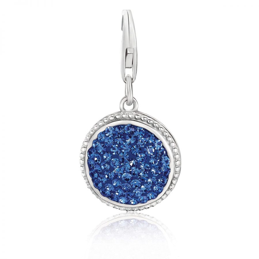 Sterling Silver Round Charm with Royal Blue Tone Crystal Accents