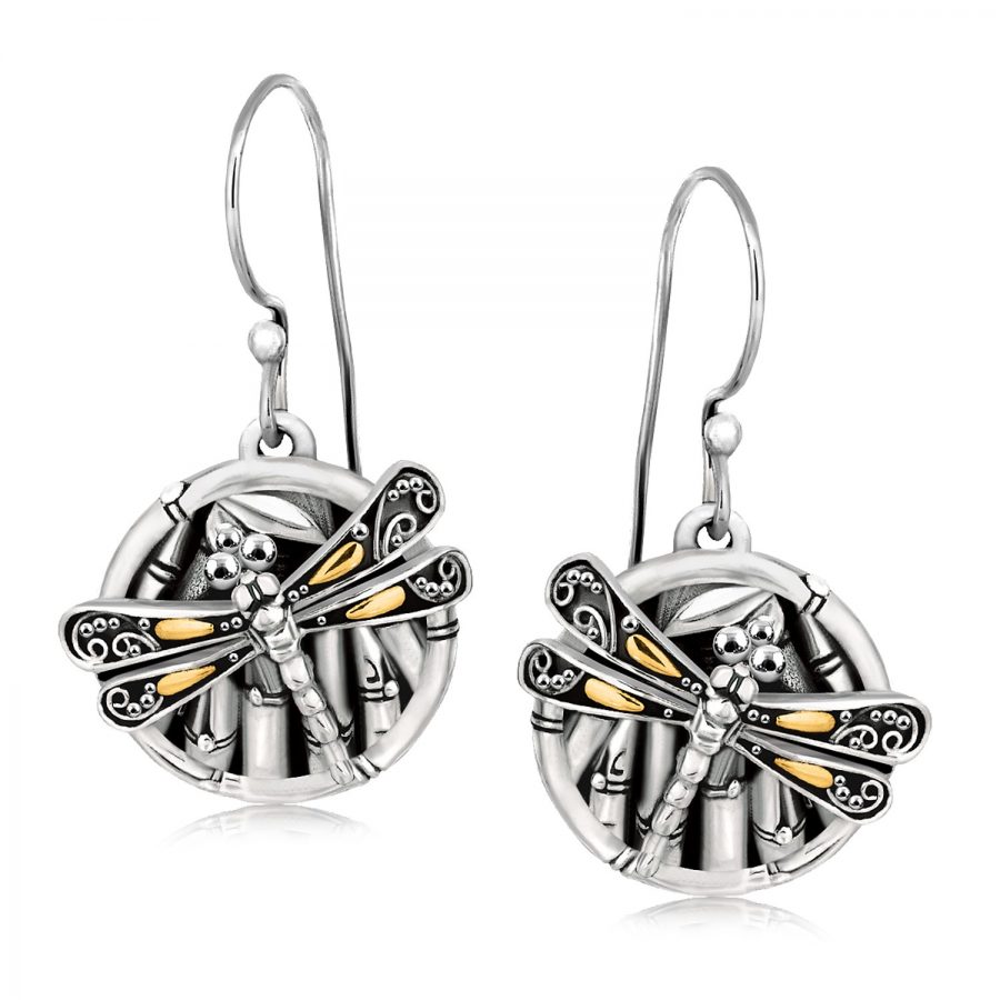 18K Yellow Gold and Sterling Silver Branch and Dragonfly Design Earrings