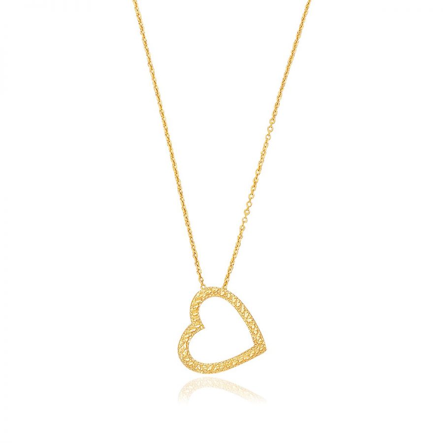 14K Yellow Gold Sparkle Texture Single Heart Necklace