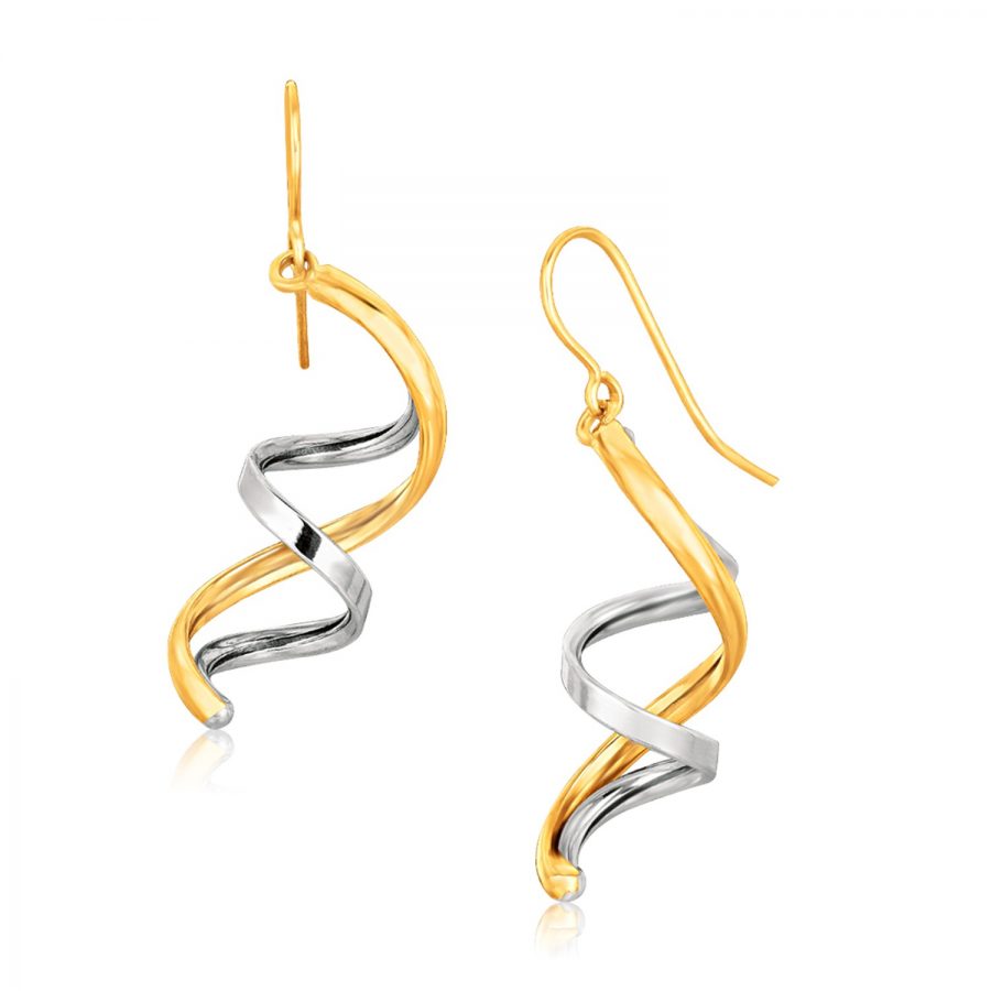 14K Two Tone Gold Double Helix Polished Dangling Earrings