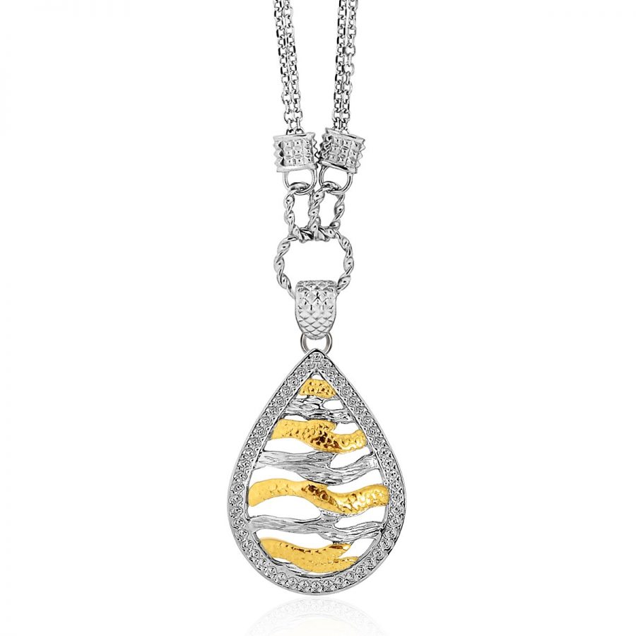 Designer Sterling Silver and 14K Yellow Gold Teardrop Wave Necklace