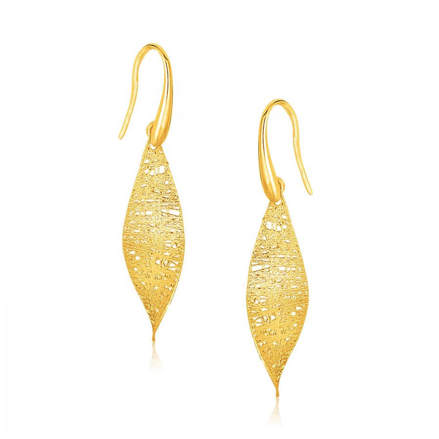 14K Yellow Gold Textured Weave Leaf Design Earrings