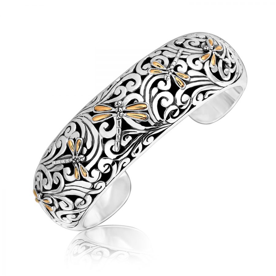 18K Yellow Gold and Sterling Silver Open Cuff with Dragonfly Designs