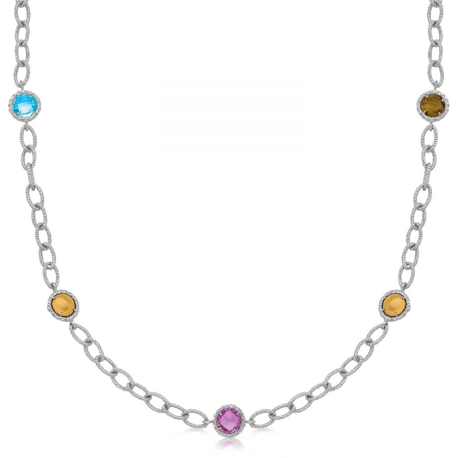 18K Yellow Gold and Sterling Silver Chain Necklace with Multi Gemstone Stations