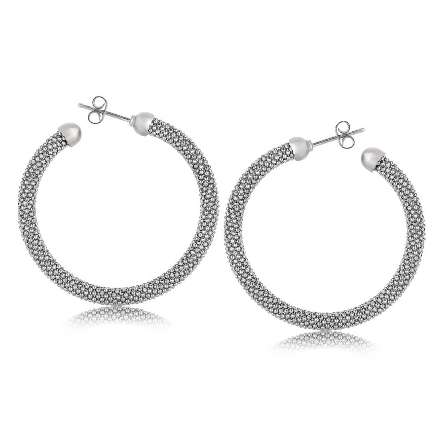 Sterling Silver Rhodium Plated Popcorn Style Hoop Earrings with Rounded Ends
