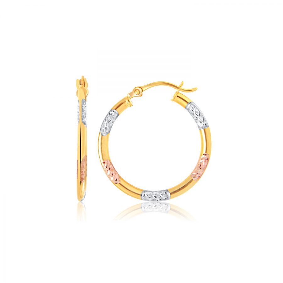 14K Tri-Color Gold Classic Hoop Earrings with Diamond Cut Details