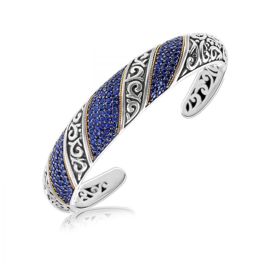 18K Yellow Gold and Sterling Silver Spiral Look Hinged Cuff with Blue Sapphires