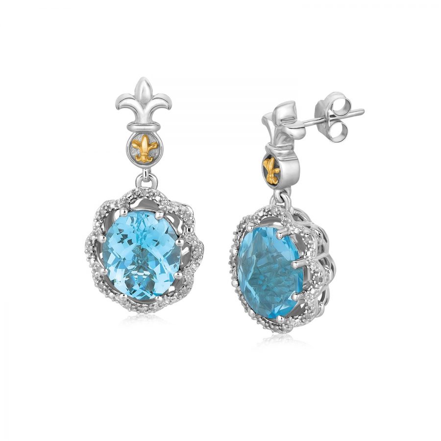 18K Yellow Gold and Sterling Silver Earrings with Blue Topaz and Diamonds
