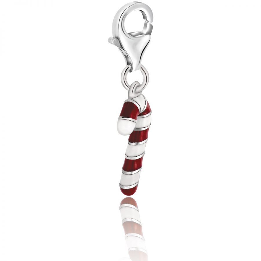 Sterling Silver Candy Cane Charm with Red and White Enamel Coating