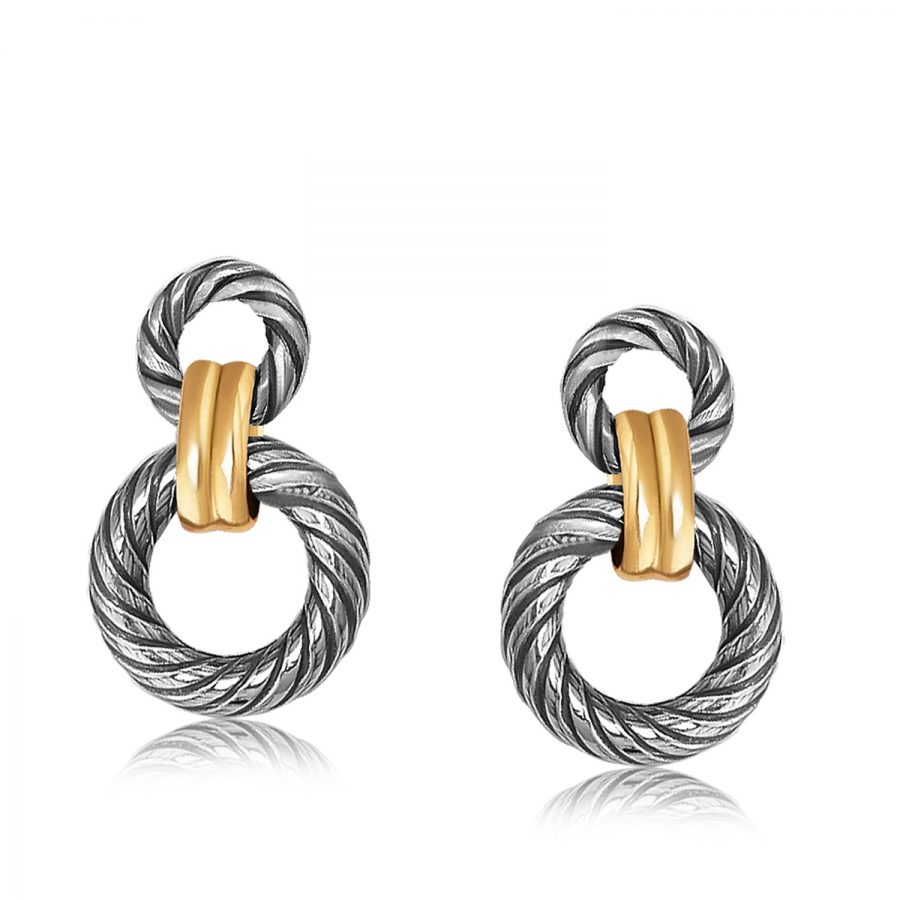 18K Yellow Gold and Sterling Silver Earrings with Circular Cable and Links