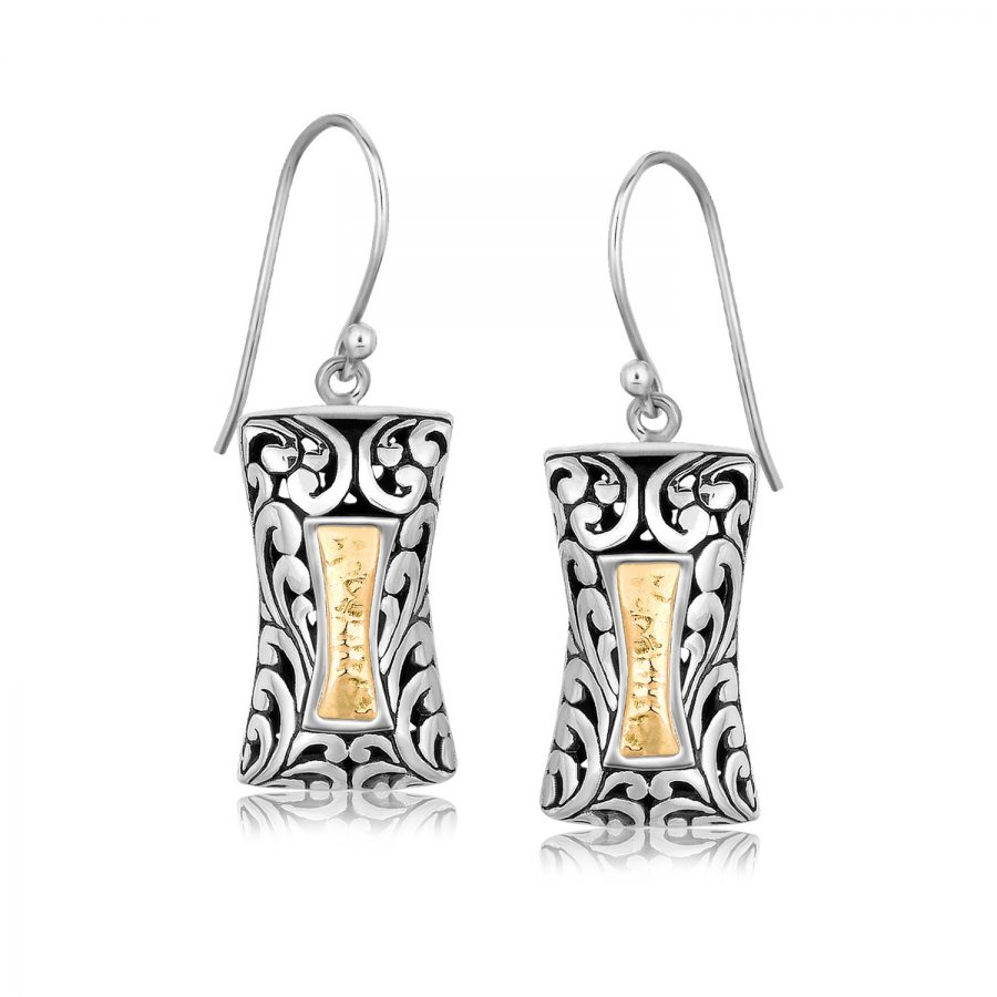 18K Yellow Gold and Sterling Silver Rectangle Scrollwork Design Drop Earrings