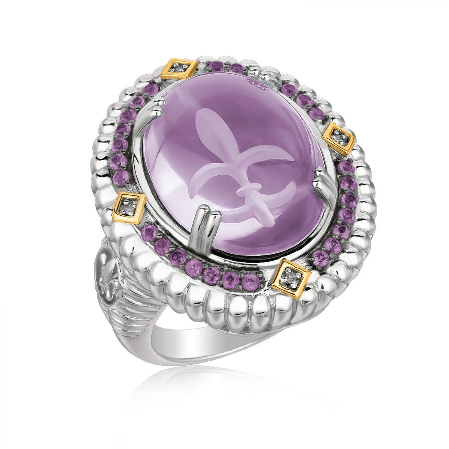 18K Yellow Gold and Sterling Silver Oval Ring with Fleur De Lis Carved Amethyst