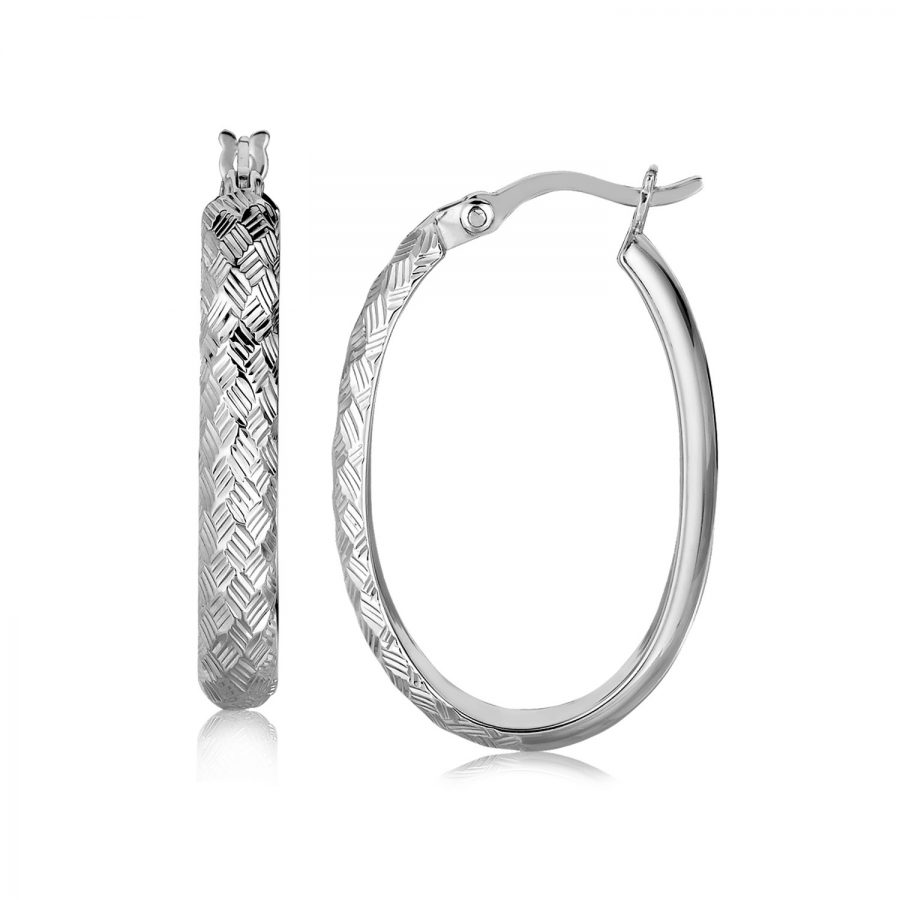 Sterling Silver Rhodium Plated Oval Hoop Woven Motif Diamond Cut Earrings