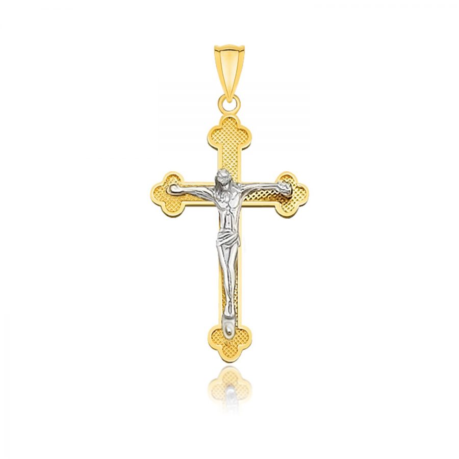 14K Two-Tone Gold Small Budded Style Cross with Figure Pendant