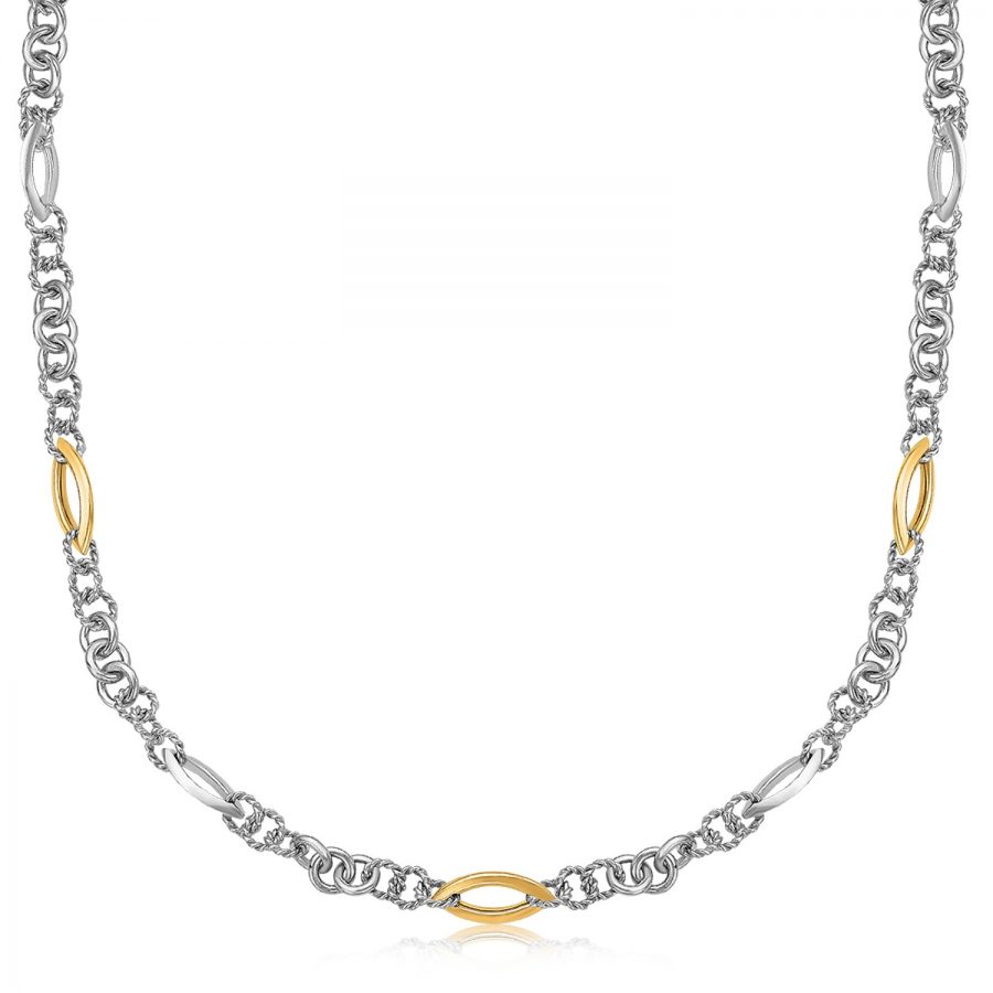 18K Yellow Gold and Sterling Silver Rhodium Plated Multi Design Chain Necklace