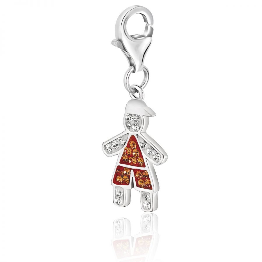 Sterling Silver Boy Charm Bedecked with Orange and White Tone Crystals