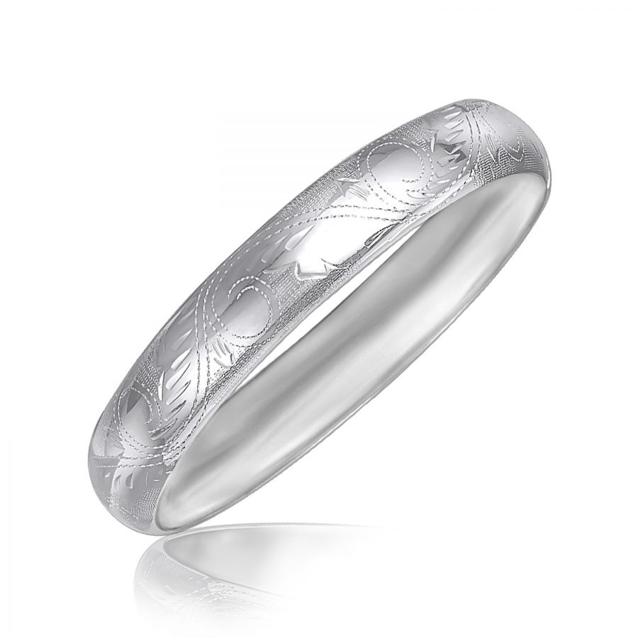 Sterling Silver Rhodium Plated Dome Bangle with Fancy Flourishes