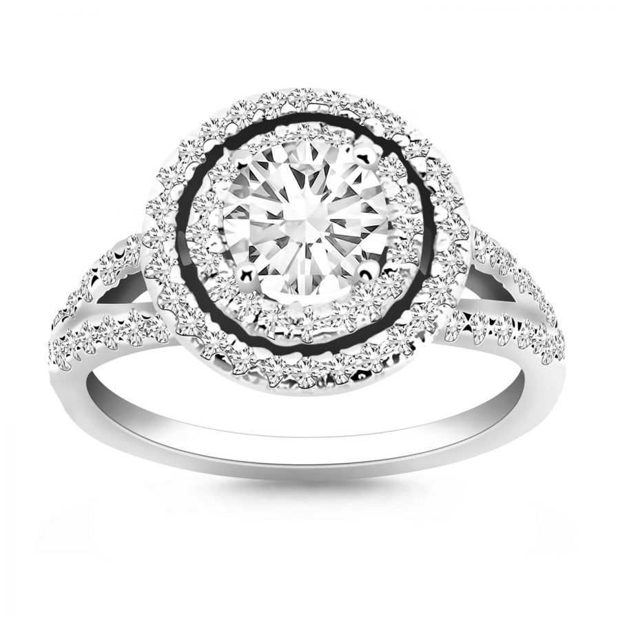 14K White Gold Double Halo Diamond Split Shank Engagement Ring