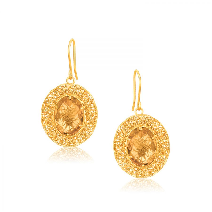 Italian Design 14K Yellow Gold Lace Earrings with Oval Citrine