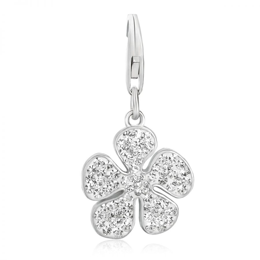 Sterling Silver White Tone Crystal Accented Clover Leaf Charm