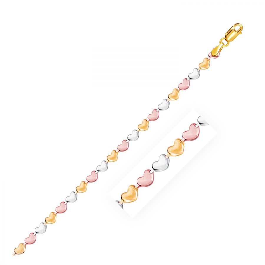 14K Tri-Color Gold Anklet with Heart Style Links