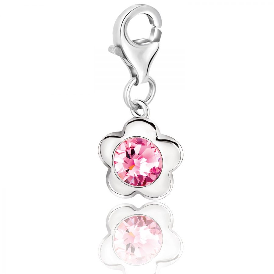 Sterling Silver Flower Charm with Pink Tone Crystal Accent