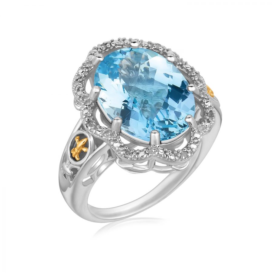 18K Yellow Gold and Sterling Silver Ring with Blue Topaz and Diamonds