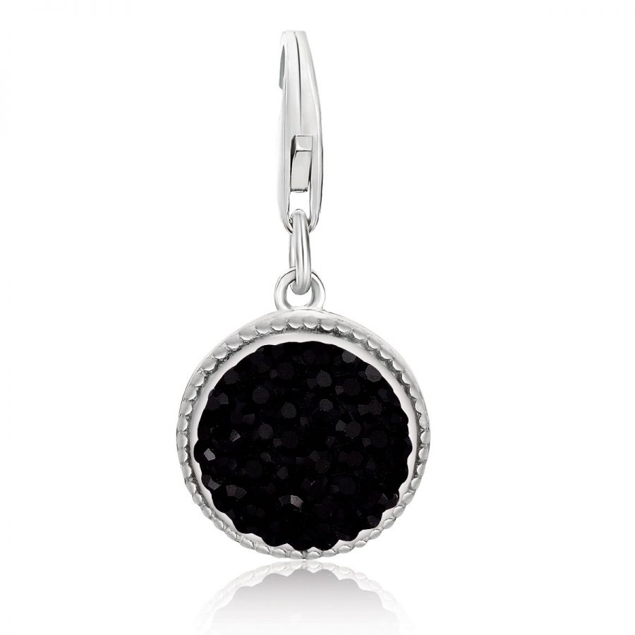 Sterling Silver Round Charm with Black Tone Crystal Accents