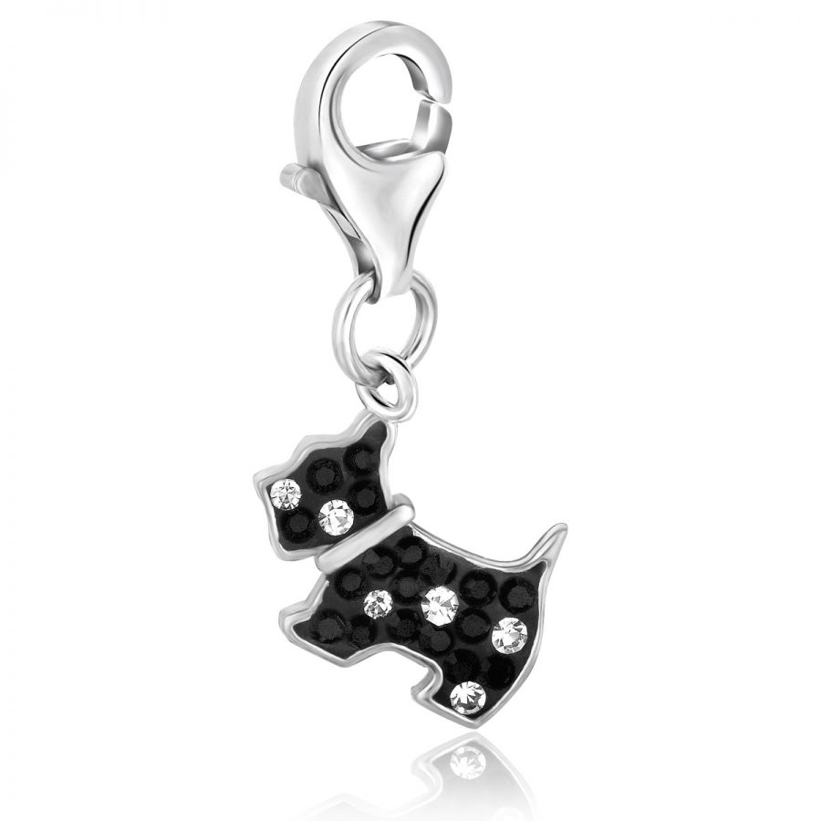 Sterling Silver Black and White Tone Crystal Accented Dog Charm