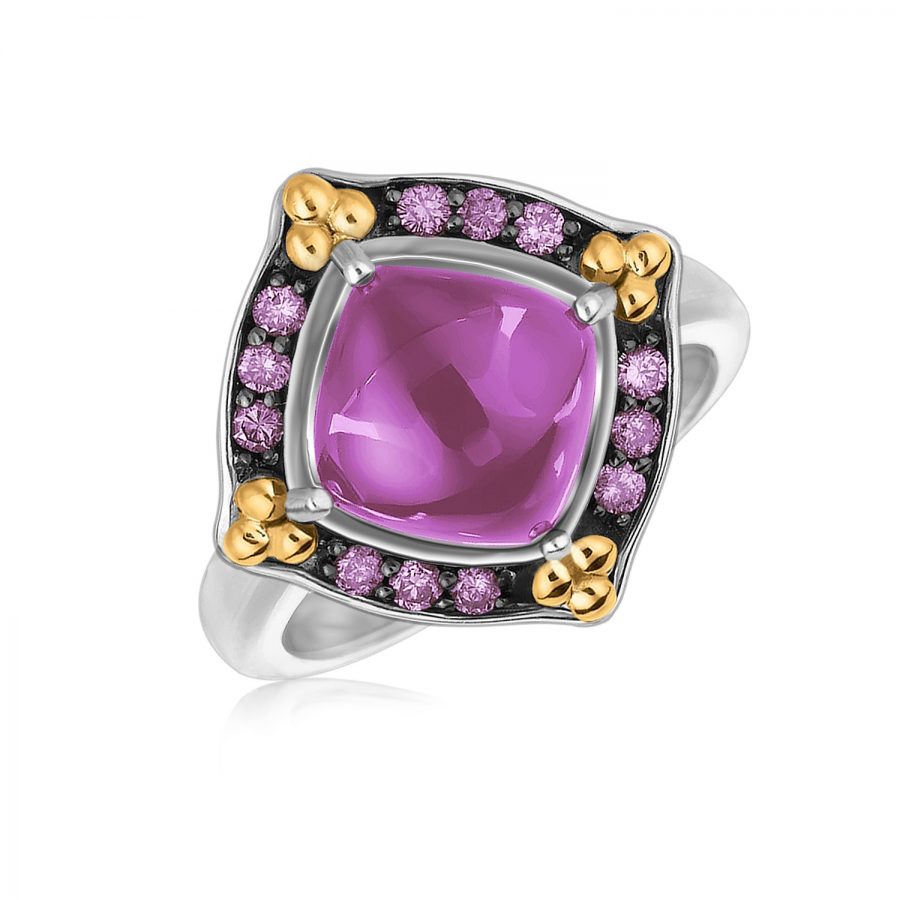 18K Yellow Gold and Sterling Silver Ring with Cabochon and Pink Sapphires