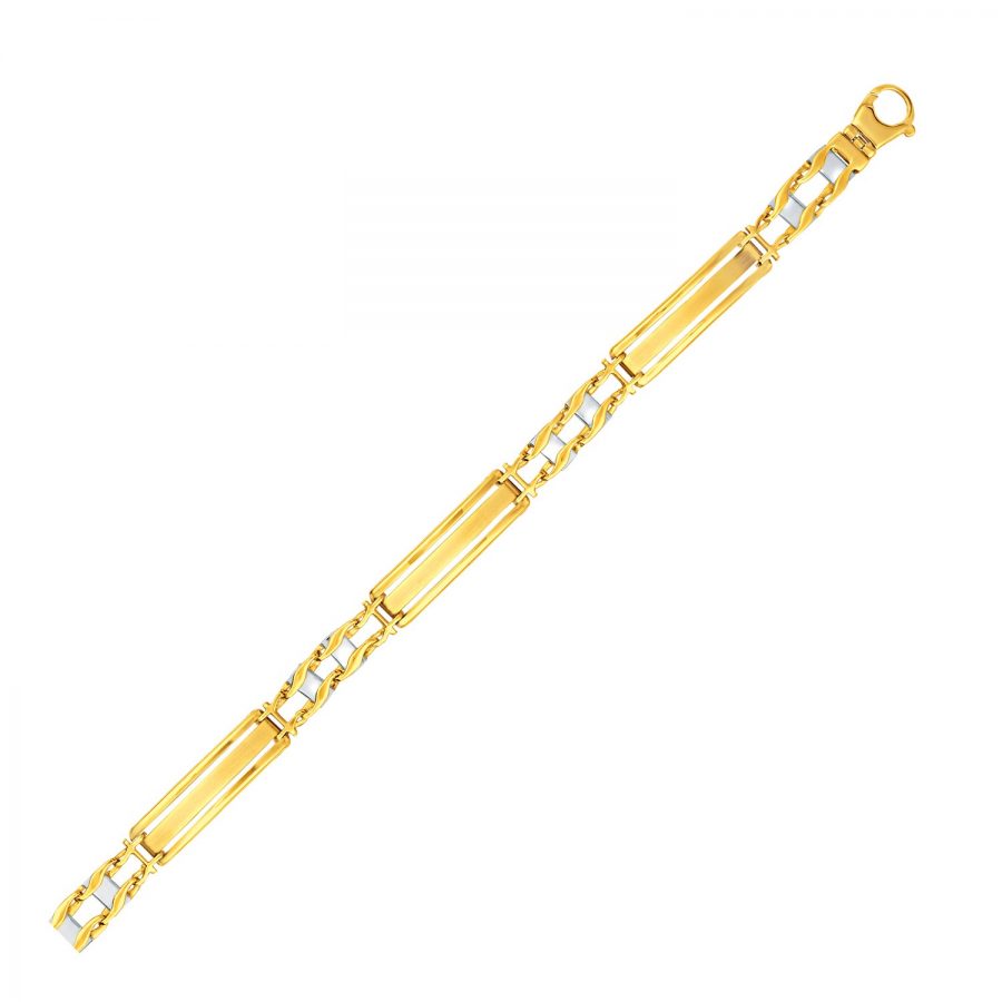 14K Two-Tone Gold Fancy Bar Style Men's Bracelet with Curved Connectors