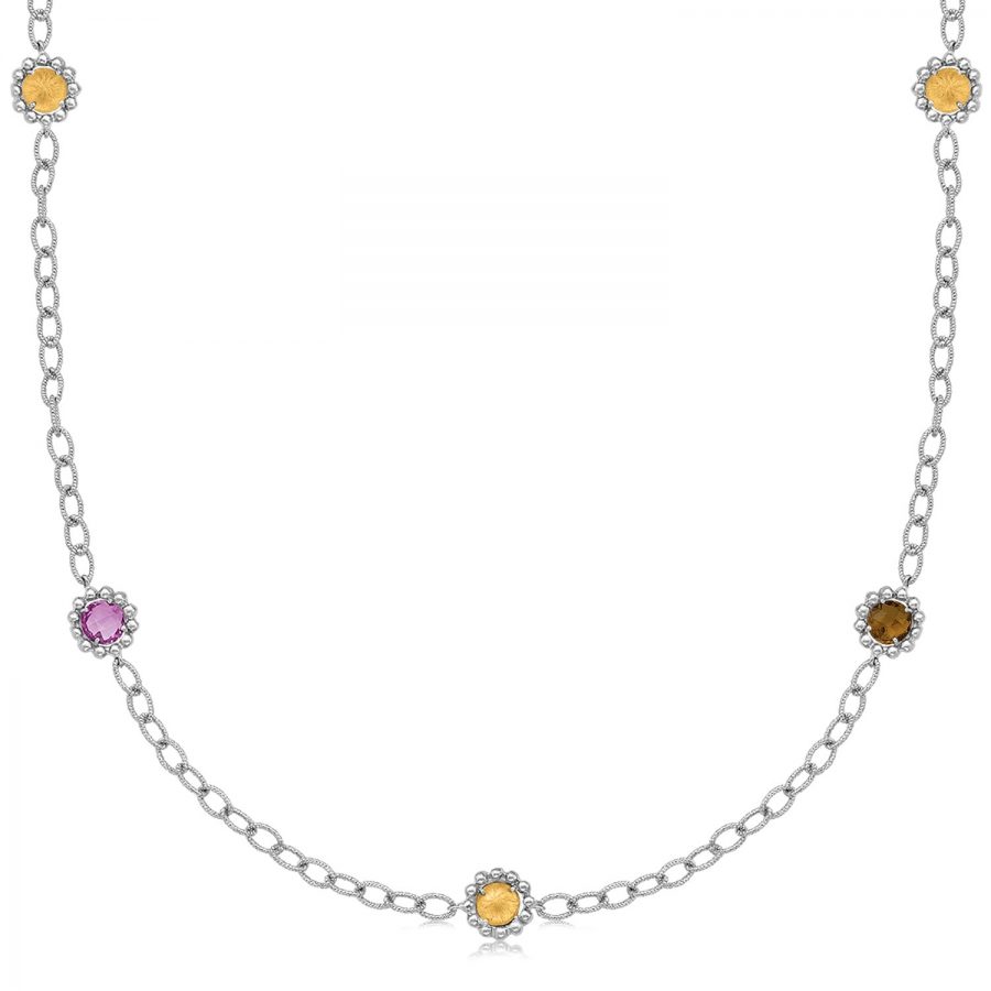 18K Yellow Gold and Sterling Silver Long Multi Gem Accentuated Necklace