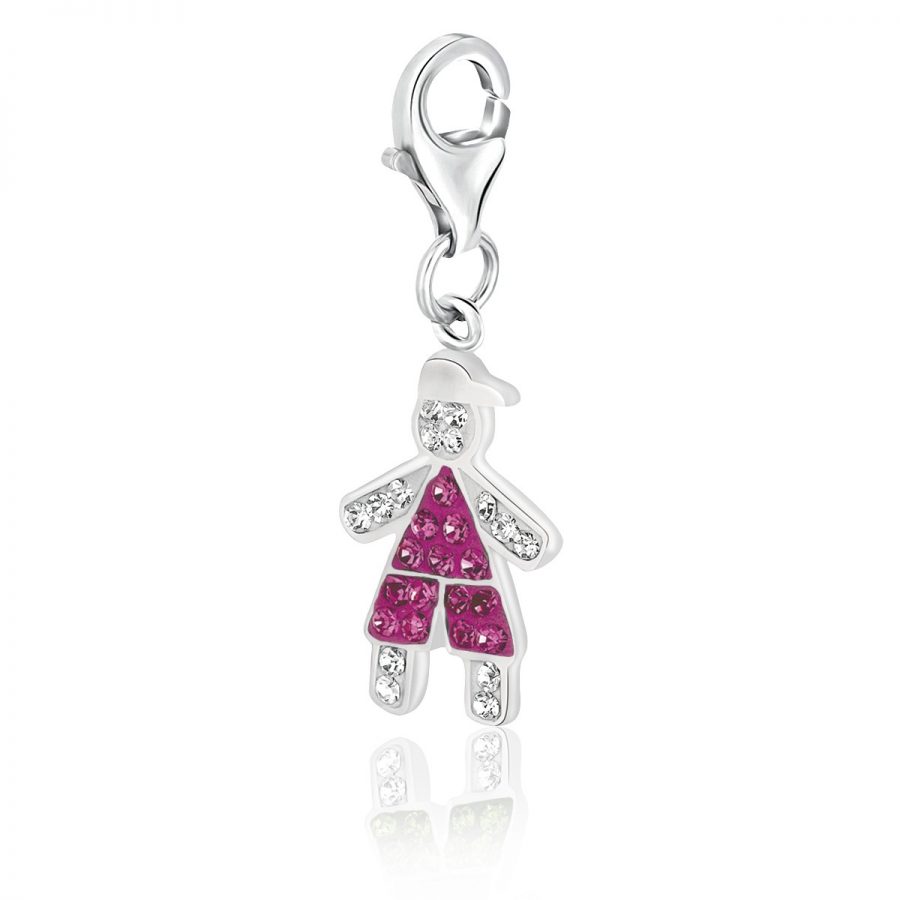 Sterling Silver October Boy Charm with Crystal Accents in Magenta and White