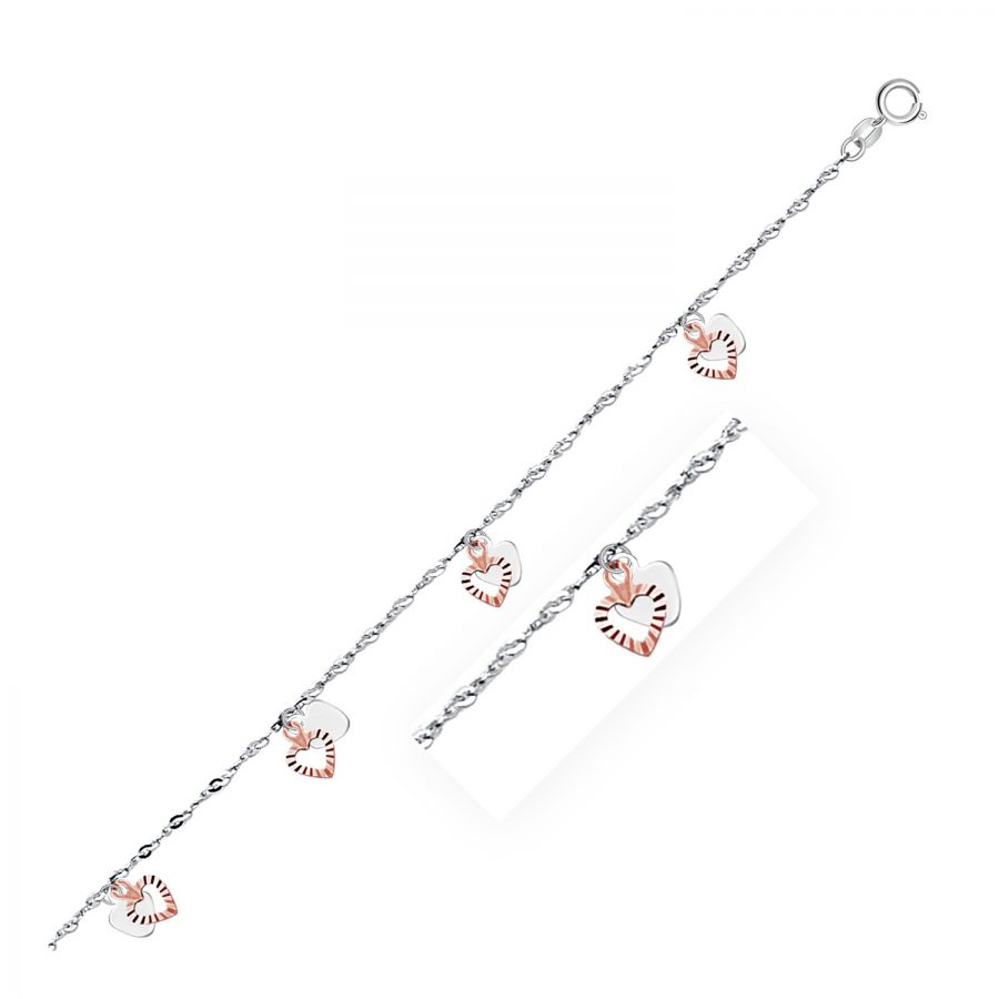 14K White and Rose Gold Anklet with Dual Heart Charms